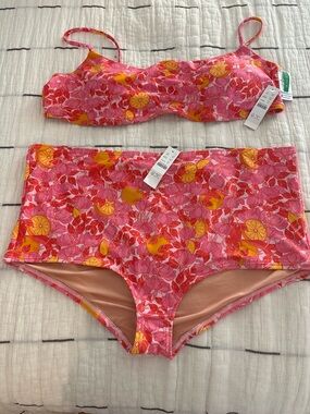 J. Crew Pink and Yellow Floral Boy Short Bikini Set